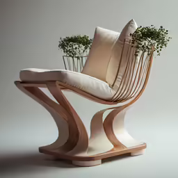a chair with two plants in the back and a pillow