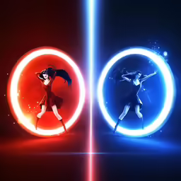 two characters are dancing in an animation with an orange and blue circle