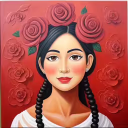 a painting with roses painted on it,a painting of a woman with flowers on her head