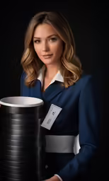 the woman is holding up a stack of cups