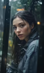 a beautiful young woman in the rain by a window
