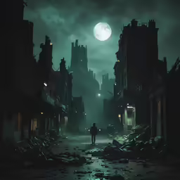a man is standing alone in an old fashioned town in the darkness