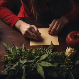 a woman cuts a piece of paper while surrounded by plants