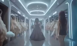a group of women in long dresses in a store