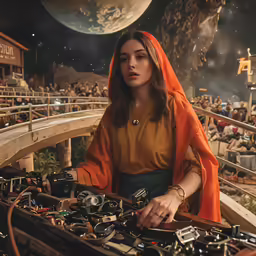 a woman in a orange robe standing next to various objects