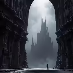 a gothic building with dark spires in a city