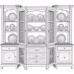 an old antique china cabinet with dishes and vases in front of it