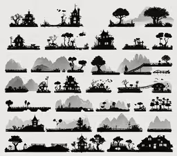the silhouettes of houses, trees and hills on the computer screen,a collection of black and white animated landscapes