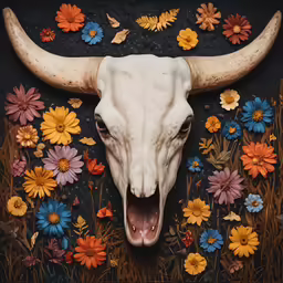 a bull skull in the middle of some flowers