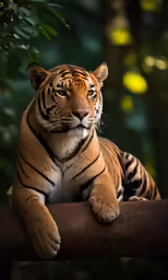 a tiger laying on top of a wooden log