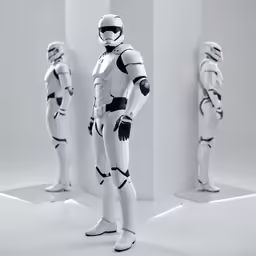 three white star wars storm trooper figures standing on their own sides