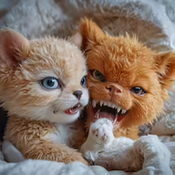 two orange kittens are shown laying next to each other