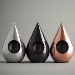 four different metallic colored speakers, one is black and one is brown