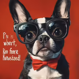 the boston terrier wearing goggles and a bow tie is staring at the camera