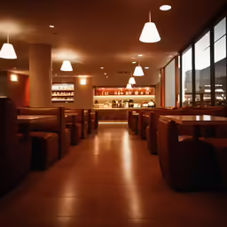 the dimly lit dining room at a hotel