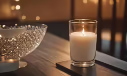 a candle is in front of a glass on a table
