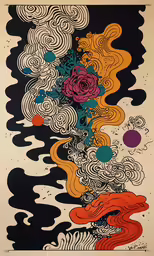 a drawing with colorful swirling shapes on it