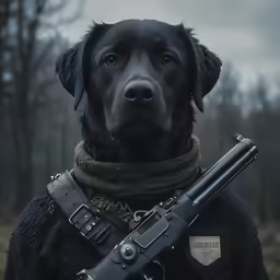 a black dog is holding a gun and looking down