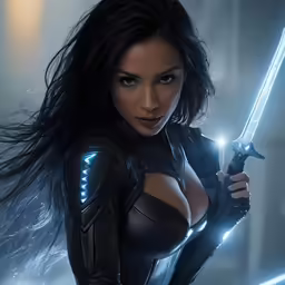 a woman in a futuristic outfit holding a sword