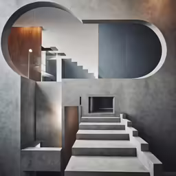 a set of white stairs and a spiral shaped mirror