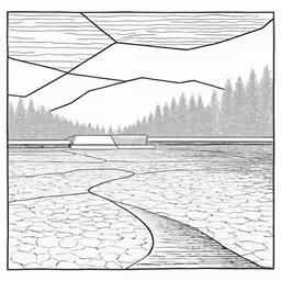 a drawing of a mountain lake with a bridge over it