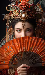 woman in oriental dress holding a fan