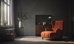 a modern orange chair in a room with gray walls