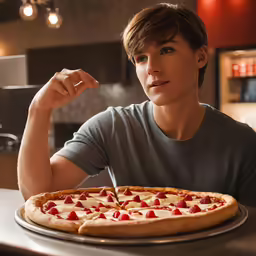 a young man looking at a large pizza on a tray
