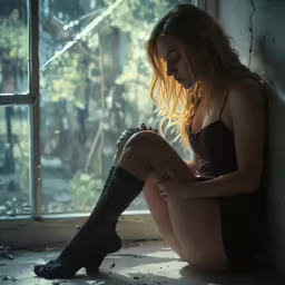 a woman sitting on the floor and looking at her cell phone
