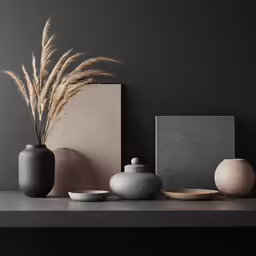 a group of different vases, a picture frame and a plant are sitting on a table