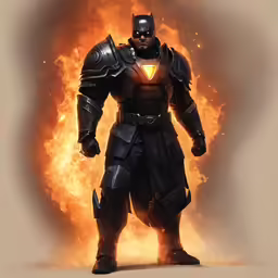 the character is surrounded by flames as he stands in front of an angry looking photo