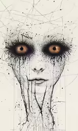 an alien with two brown eyes and dark lines and splatters