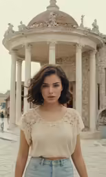 a woman is standing in front of a building with columns