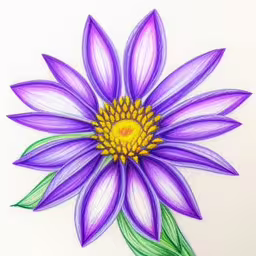 a flower painted in bright colors on a white surface,an artistic drawing of a purple flower with green leaves,a large blue and yellow flower is painted with colored pencils,a drawing of purple flowers on white paper,the color drawing is created in a simple way