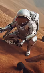 a silver robot with outstretched legs kneeling in the desert