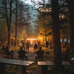 an evening time picnic with lights and people sitting in chairs