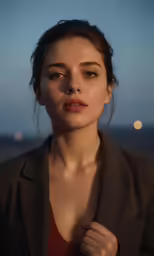woman in blazer standing next to water