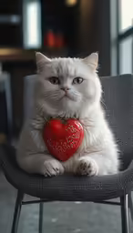 a cat holding a heart sitting on a chair