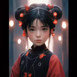 the doll is dressed in a very long black and red outfit