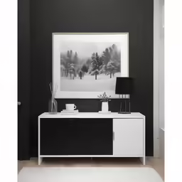 a black wall with a black and white painting in it