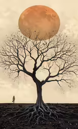 two people standing in front of a tree with a full moon above