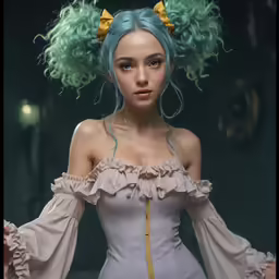 there is a woman with blue hair and a ponytail