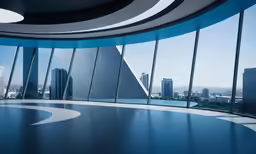 an empty room with a view of the city