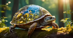 a turtle sits on a branch in the woods