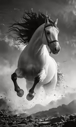 black and white photograph of a horse, in the middle of the day