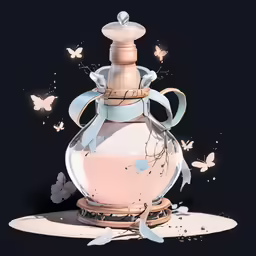 a pink bottle with a blue bow on top