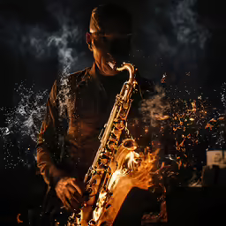 a man in a leather jacket plays on a saxophone