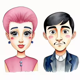 a painting shows two people, one with hair and the other without,some people with pink hair and blue eyes,a man and a woman with different colored hair,a couple with their face painted in different colors,a watercolor sketch of a couple in formal wear