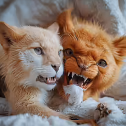 two cats that are sitting on some blankets