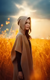 woman with a brown cape in a field